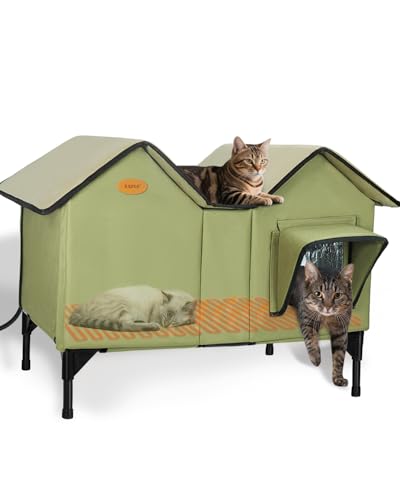 Heated Cat House for Outside Cats in Winter, Extra Large Heated Outdoor Cat House Weatherproof Insulated with Elevated Base & Escape Door, Waterproof Cat Shelter for Multiple Cats Feral Stray Kitty