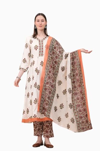 Image of Women's Indigo Blue Printed Anarkali Kurta with Palazzo Set, Long Sleeve V-Neck Ethnic Wear (IN, Alpha, S, Regular, Peach)