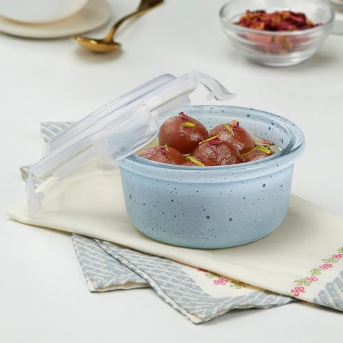 Image of Borosil 240 ml Blue Food Storage Container with Air Tight Lid | Round Shape Borosilicate Glass Organiser | Microwave & Dishwasher Safe | For Fridge, Kitchen Storage