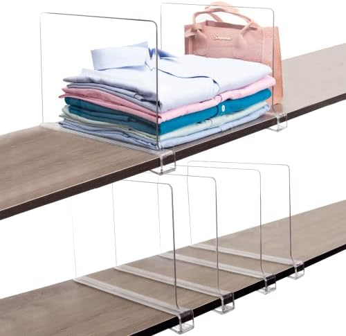 Markdang 6 Pcs Acrylic Shelf Dividers (Shelves Less Than 0.8" Thick) for Closet Organization Clear Closet Shelf Divider for Closets Book Shelves Purse and Sweater Organizer Craft Room Organizers