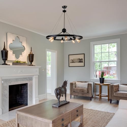 Bomiel Black Wagon Wheel Chandelier, 32" 6-Light Rustic Farmhouse Pendant Lighting, Round Industrial Ceiling Light Fixture for Dining Room, Kitchen Island, Bedroom, Foyer by bomiel - Image 7