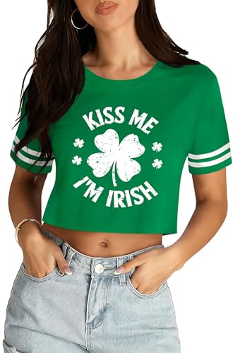 UYIQL Kiss Me Im Irish Shirt for Women St Patricks Day Crop Top Ireland Shamrock Short Sleeve Shirts Green S