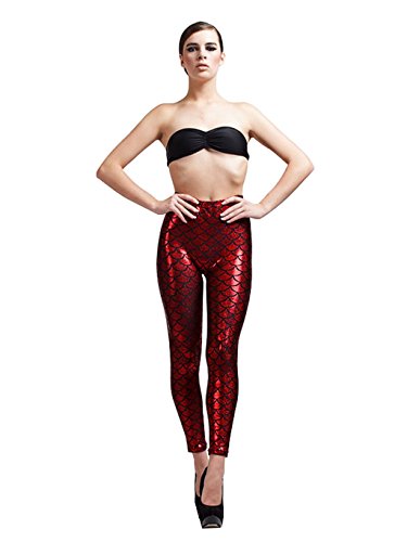 jntworld Women Sexy Mermaid Fish Scale Hologram Soft Shine Leggings, S, red