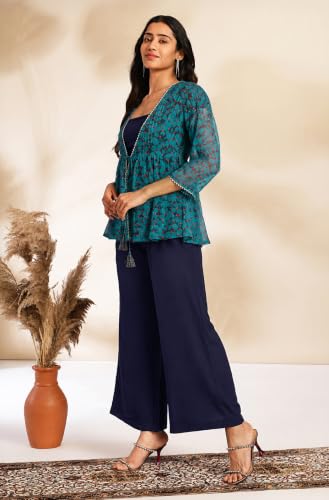 Image of Janasya Women's Solid Shoulder Strap Crop Top with Trouser & Chiffon Floral Printed Shrug