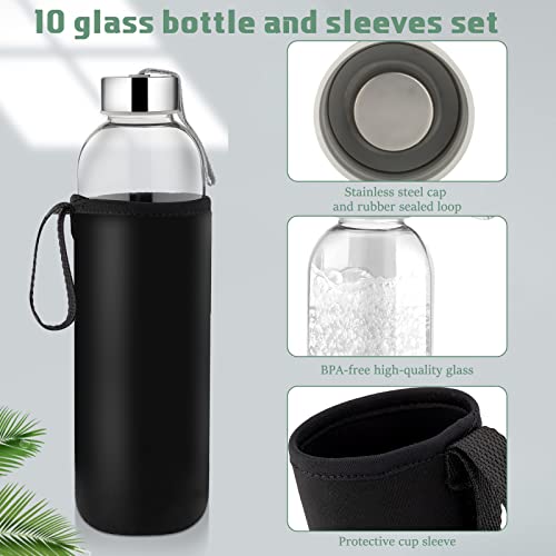 Eccliy 10 Pack 24 Oz Glass Water Bottles Sets With Stainless Steel Lids And Sleeves Reusable Refillable Airtight Clear Glass Bottles With Carrying Loop For Juicing Beverages Travel Home Workout #TOP2