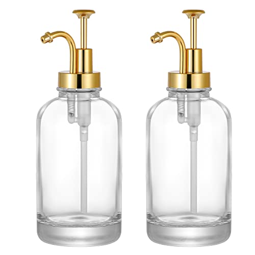2 Pack Thick Clear Glass Jar Soap Dispenser with Gold Pump, 17ounce Clear Boston Round Bottles Dispenser with Rustproof Pump, Coffee Syrup Dispenser Bar Accessories, Dish Soap Dispenser for Kitchen
