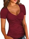 Zeagoo Womens Cross-front V Neck Ruched Cap Sleeve Blouse Wine Red X-Large