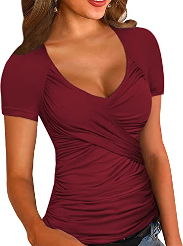 Zeagoo Womens Cross-front V Neck Ruched Cap Sleeve Blouse Wine Red X-Large