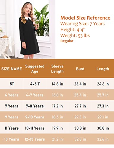 Arshiner Girls Dress Vintage Peter Pan Collar Fall Long Sleeve Solid Color T-Shirt Halloween Holiday Dresses Navy Blue 6-7 Years thumb #5