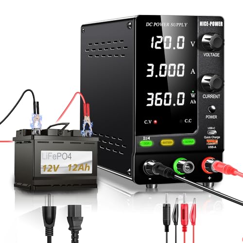 NICE-POWER DC Power Supply Variable 120V 3A 360W LiFePO4 Nickel-Metal Lithium Ion Hydride Battery Charger 6V 12V 24V 36V 48V 60V 72V 100V Battery Charging Bench Power Supplies Output OCP Ah Display