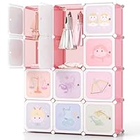 GYMAX Cartoon Clothes Closet, Portable Kids Wardrobe with Hanging Section, Children Storage Unit for Bedroom Nursery (Pink, 12 Cubes Constellation: 109 x 37 x 145cm)