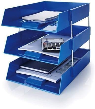 Nobel 3-Tier Stackable Letter Tray Desk Organiser with Risers, Black, for A4 Documents, Space-Saving Filing System (Blue, 3 Trays + 8 Risers)