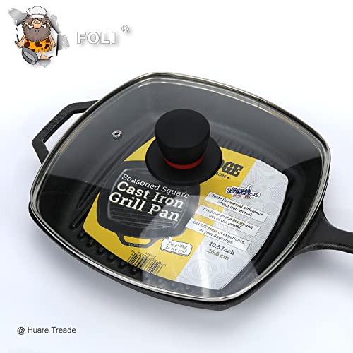Foli Square Glass Lid For Grill Pans With Steam Vent Hole - Fits Lodge Cast Iron Skillets 10.5Inch(26.67Cm) - Square Tempered Glass Lid - Universal Replacement Cover Bakelite Round Knob #TOP4