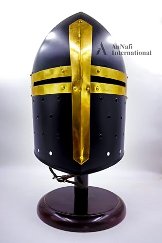 Image of AnNafi Medieval Black Sugarloaf Helmet, Ancient Roman Armor Spartan Knight Helm, Wearable Headwear with Stand