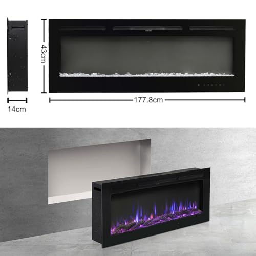 INMOZATA Wall Mounted Electric Fireplace 70inch Large Insert Recessed Media Wall Electric Fire Crystals Log Effect Flame Fire 12 LED Color with Remote Control - Image 4