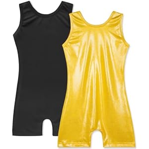 HOZIY 2 Pack Girls Gymnastics Leotards for Kids Toddlers Dance Outfits with Shorts Biketards Tumbling Clothes Sparkly 6-7 Years Black+gold