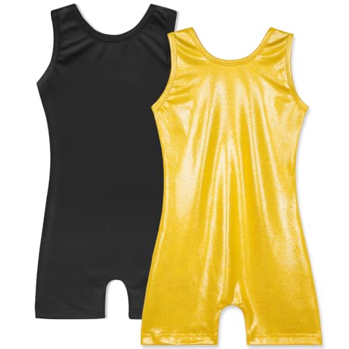 HOZIY 2 Pack Girls Gymnastics Leotards for Kids Toddlers Dance Outfits with Shorts Biketards Tumbling Clothes Sparkly 6-7 Years Black+gold