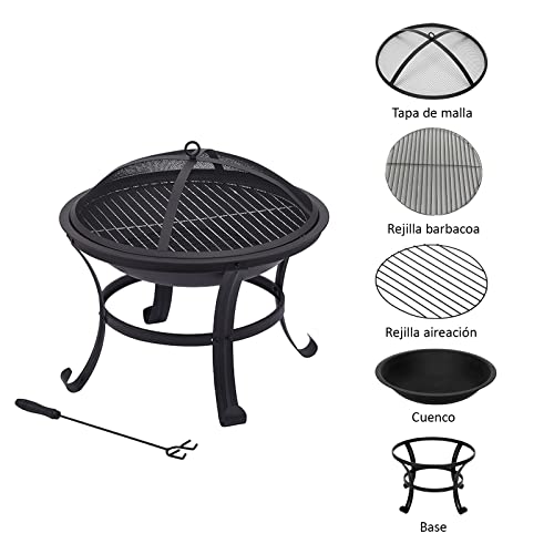KEKAI Kekai Feuerschale aus Stahl, für den Außenbereich, 2-in-1 mit Grill-Funktion, 40 x 56 cm, Grillrost, Schürhaken und Schutzkappe