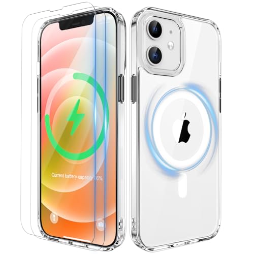 ORETECH für iPhone 12 Hülle 6 1 Zoll mit 2 Schutzfolie Kompatibel mit Mag-Safe Stoßfest Kratzfeste Transparent Magnetisch Handyhülle für iPhone 12/12 Pro Durchsichtig