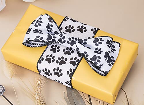 Yaseo Dog Paw Print Wired Edge Ribbon, White And Black Animal Pattern Print Ribbon For Wreaths, Wrapping, Crafting And Home Party Decorations, 2.5 Inches X 10 Yards #TOP2
