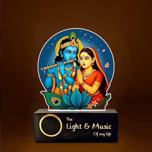 Image of ZOCI VOCI Radha Krishna LED Lamp with Wooden Base - Krishna Night Light for Pooja Room, Radha Krishna Photo Frame Lamp for Home Temple Decor, Bedside Table Lamp (Warm Light + BT Speaker)