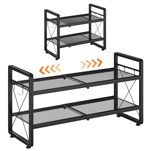 ELYKEN Shoe Rack, 2-Tier Expandable Shoe Organizer for Entryway, Metal Black Shoe Shelf with 4 Hooks, Ajustable Shoe Stand Holder for Closet, Garage, Door Entrance