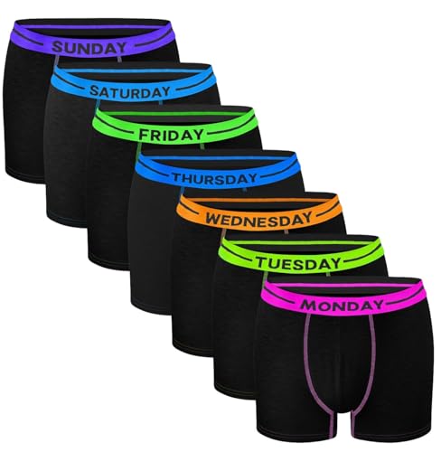 Bonjour Boys Boxer Shorts - Days of the Week - 7 Pack - Cotton Designer Waistband Trunks Boxers Underwear (5 yrs - 13 yrs) Black