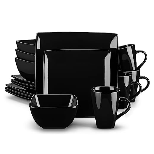 vancasso Soho Stoneware Square Dinner Set Black 16 Piece Kitchen Dinnerware Service Plate Crockery Set with 16-Piece Dinner Plates, Dessert Plate,Bowls and Mugs, Service for 4