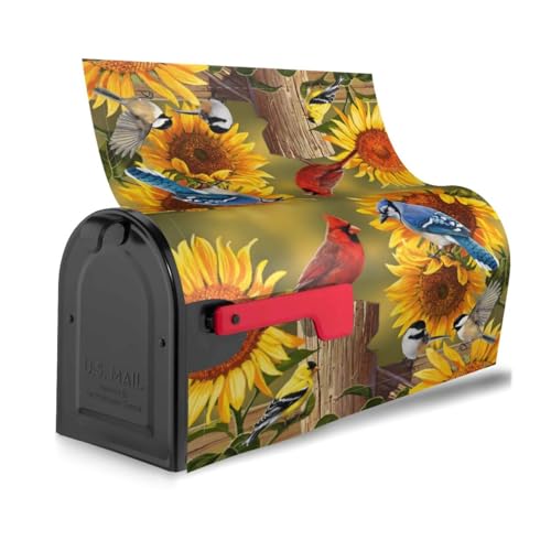 Image of Spring Flowers and Cardinal Bird Mailbox Cover Magnetic Country Sunflower Floral and Birds Waterproof Mailbox Wraps Post Letter Box Decor 21x18 in