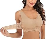 ASKSA Damen Nahtlose Spitzen Yoga Fitness Sport BHS Frauen Bustier Lace Bra Kreuz Vorderseite Schnalle Lounge BH Workout Training Stretch Wohlfühl-BH(Hautfarbe,M)