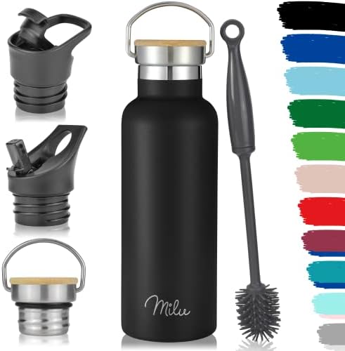 Milu Stainless Steel Drinking Bottle 500ml, 750ml, 1l (+3 Lids) - Thermo Bottle with Straw, Water Bottle, for Hot, Cold & Carbonated Drinks (Black, 500ml)