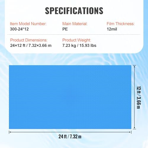VEVOR Solar Pool Cover, 24 x 12 ft Rectangle Solar Blanket for Pools, Inground Above Ground Swimming Pool Solar Cover, 12 mil Solar Covers Blue — view 7