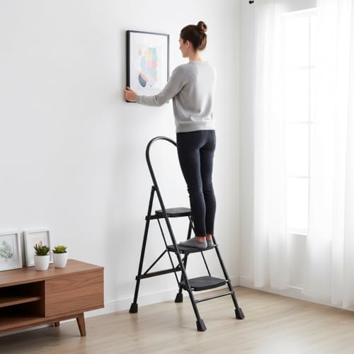 Image of Wakefit Premium 3 Step Foldable Ladder | Strong Alloy Steel | Wide Anti-Skid Steps | Supports Up to 150 kg | Rust Resistant | Heavy Duty Portable Ladder - Ascenta Black