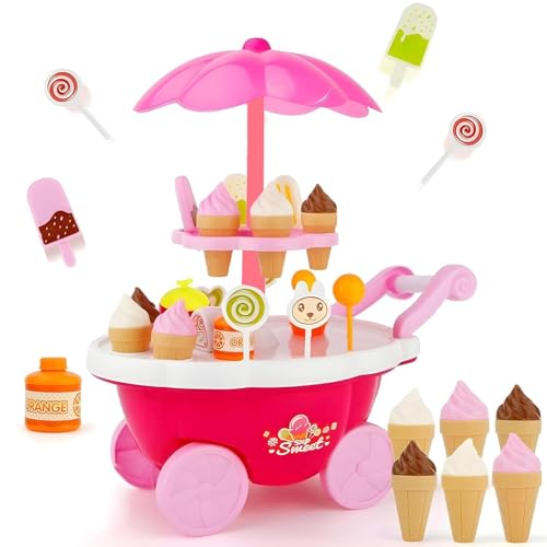 Image of DIY Miniature Home Kitchen Set with LED Light, Openable Dust Cover & Movable Accessories - 102 PCS Creative Dollhouse Kit for Kids & Collectors (8+) (Ice Cream Cart)