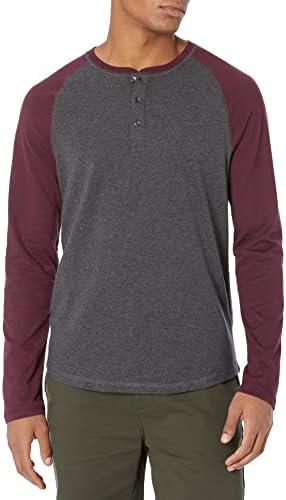 Amazon Essentials Men's Slim-Fit Long-Sleeve Henley Shirt, Charcoal Heather/Burgundy, Large