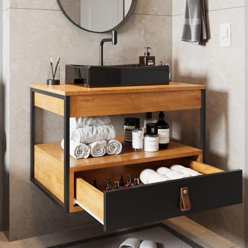 Gabinete para Banheiro Harley 1 Gaveta e Cuba Dalla Preta (Preto/Canela/Preto)