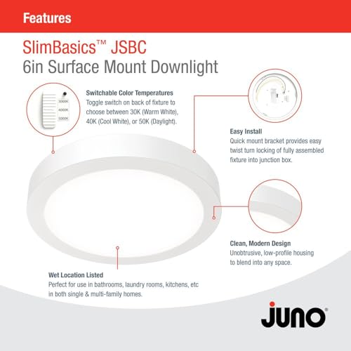 Image of Juno Slim Basics 6 Inch LED Ceiling Light, Low Profile Surface Mount Downlight for Shower or Closet Lighting, 3000K /4000K /5000K Selectable White Light, Edged Trim, Wet Rated, Matte White