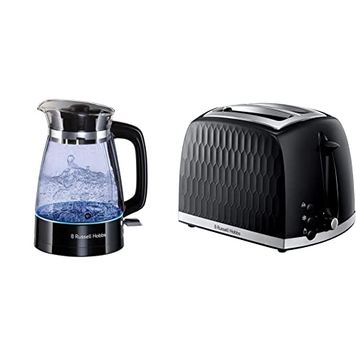 Russell Hobbs 26080 Hourglass Cordless Electric Glass Kettle, 1.7 Litre, 3000 Watt & 26061 2 Slice Toaster - Contemporary Honeycomb Design with Extra Wide Slots and High Lift Feature, Black