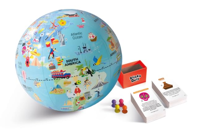Caly Globe Gonflable avec Jeux Road Trip Stick’N Quiz - 30 cm, Bleu Océan