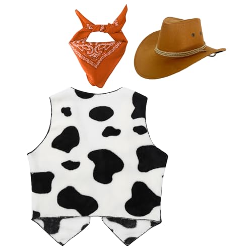 Unisex Kids Cowboy Cowgirls Roleplay Outfits Cow Print Vest Waistcoat Tops with Bandana Hats Set2