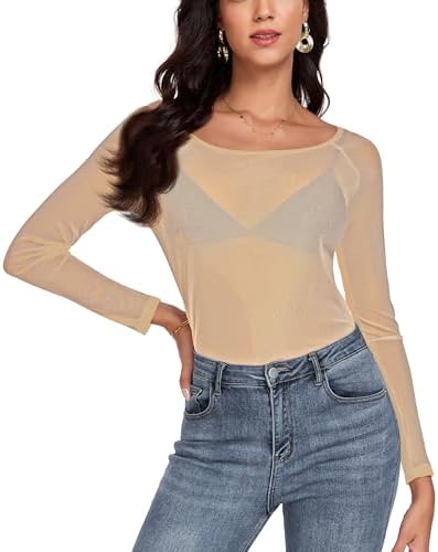 Women's Mesh Tops Long Sleeve Sheer Tee Shirts See Through Bodyco...