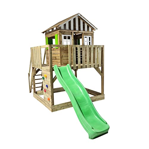 MASGAMES | Parque Infantil Lollipop | Casita elevada con tobogán | Escalera de fácil Acceso | Pared de Escalada | Madera tratada para Exterior | (XL)