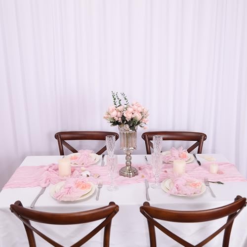Plobeca 6PC Light Pink Cheesecloth Table Runner Boho Gauze Chiffon 120 Inch 10FT Table Runner for Wedding Decorations — view 3