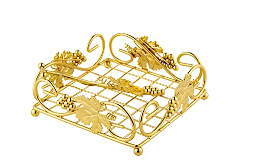 Flat Napkin Holder For Table Gold With Weight Arm For Kitchen Courtertops Dinning Table Grape Leaf Modern Tissue Dispenser Stainless Steel Gilding (7" L X 7" W X 2.5" H) #TOP6