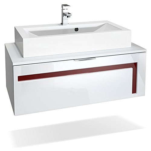 Vladon Meuble sous Vasque Lavabo Aloha V2, Corps en Blanc Mat/Façades en Blanc Haute Brillance avec Un décor en Bordeaux Haute Brillance, avec Vasque à Poser