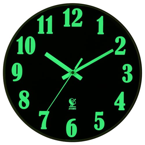 JoFomp Atomic Wall Clocks Battery Operated, 12 Inch Silent Glow in The Dark Wall Clocks for Living Room Decor, Atomic Clock Wall Radio Controlled Sets Automatically, Night Light Wall Clock for Bedroom
