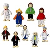 Rôles familiaux réalistes : comprend 9 petites poupées familiales représentant différentes professions, améliorant le jeu imaginatif et la narration pour les enfants..Petites poupées pour maison de poupée Poupées en bois pour maison de poupée