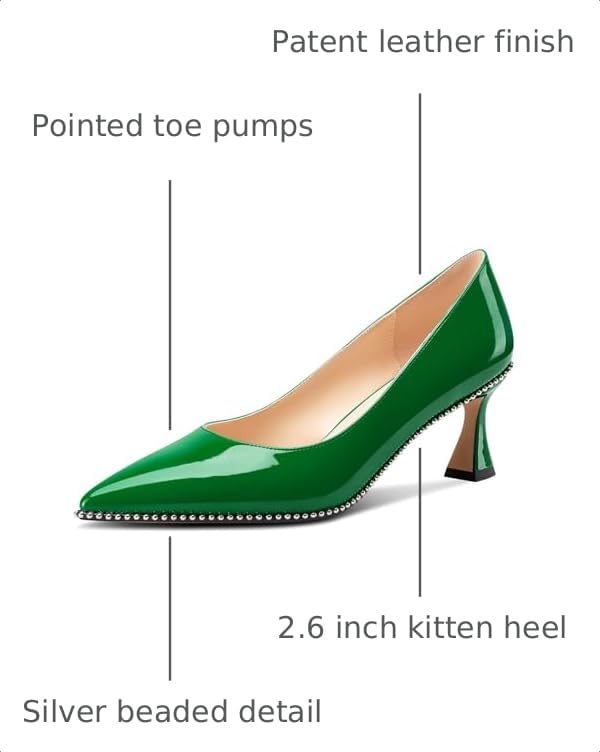 Image of TNYNFBEB Womens Kitten Heel Pointed Toe Pumps Slip-on Sliver Beaded Prom Wedding Dress Basic Classic Patent Leather Summer 2.6 Inches Heels