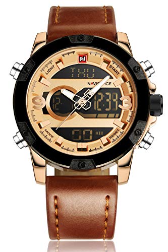Tonnier Genuine Leather Band Analog Digital LED Dual Time Display Mens Watch, Brown&Gold