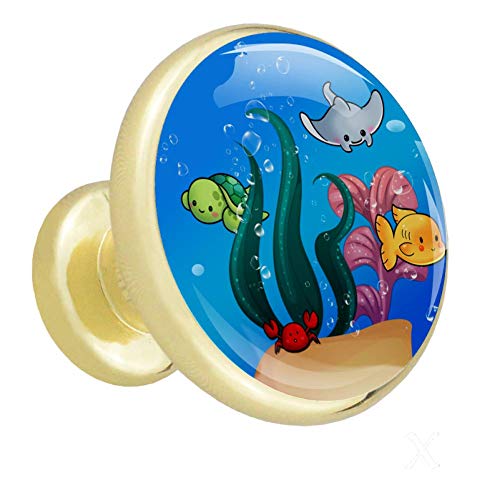 Preisvergleich Produktbild Seegrasschildkröte Küchenschrank Knöpfe Goldknöpfe runde Legierung Griffe 3D visuellen Effekt für Frauen Kommode Männer Kinder 4pcs 3.2x3x1.7cm